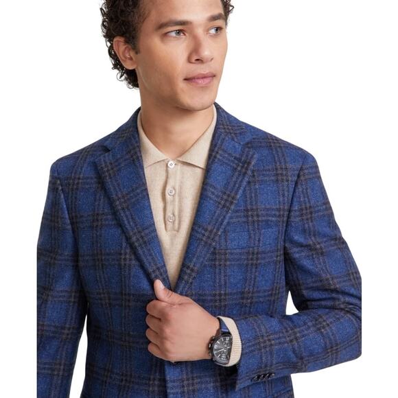 Tommy Hilfiger Men's Navy/Tan Plaid Wool Conrad Modern-Fit Sport Coat Size 38R - Picture 3 of 10